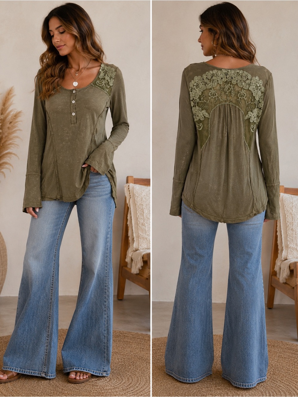 POL Olive Green Lace Back Henley Top Small NWT Boho Boutique Free People Style